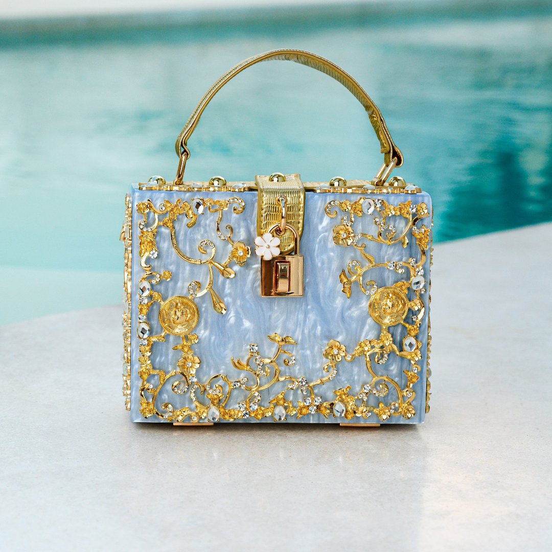 Himmelblaue Clutch Abendtasche mit Golddekor Luxus Design - BerlinGlamour