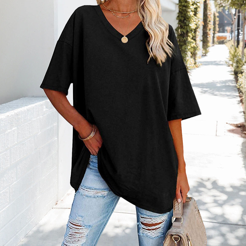 Damen T-Shirt Einfarbig V-Ausschnitt Baumwolle