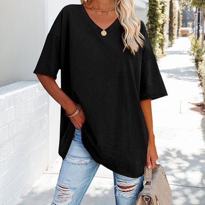Damen T-Shirt Einfarbig V-Ausschnitt Baumwolle