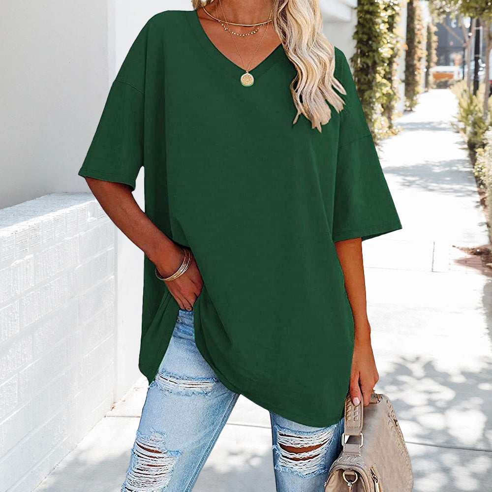 Damen T-Shirt Einfarbig V-Ausschnitt Baumwolle