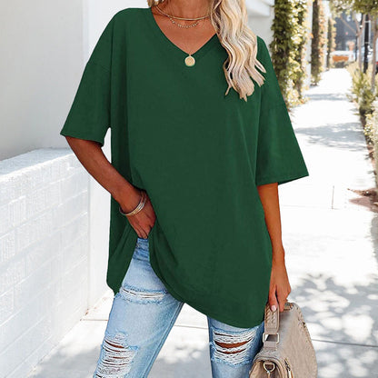 Damen T-Shirt Einfarbig V-Ausschnitt Baumwolle