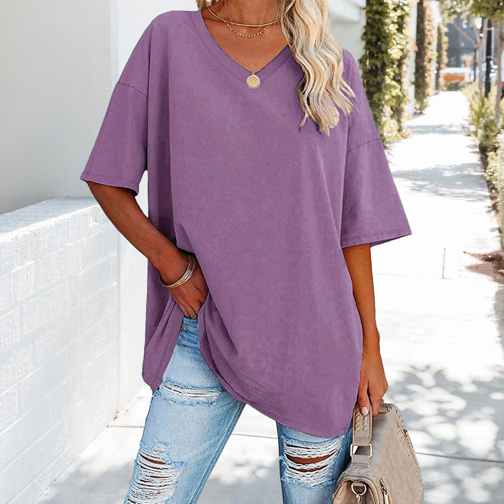 Damen T-Shirt Einfarbig V-Ausschnitt Baumwolle