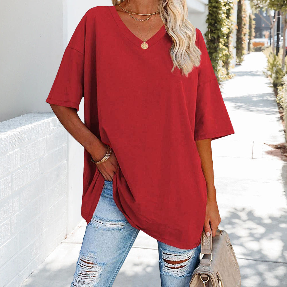 Damen T-Shirt Einfarbig V-Ausschnitt Baumwolle