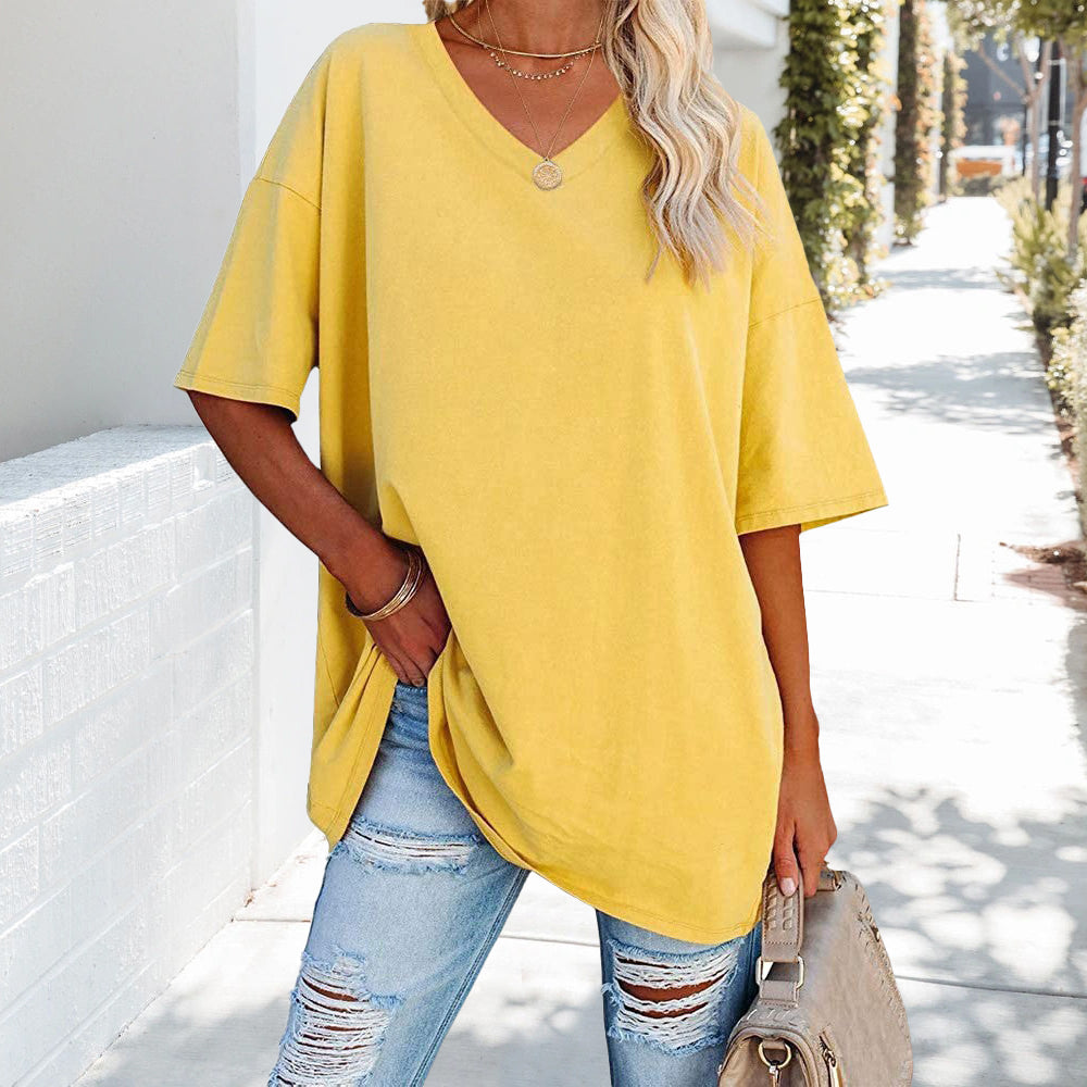 Damen T-Shirt Einfarbig V-Ausschnitt Baumwolle - BerlinGlamour