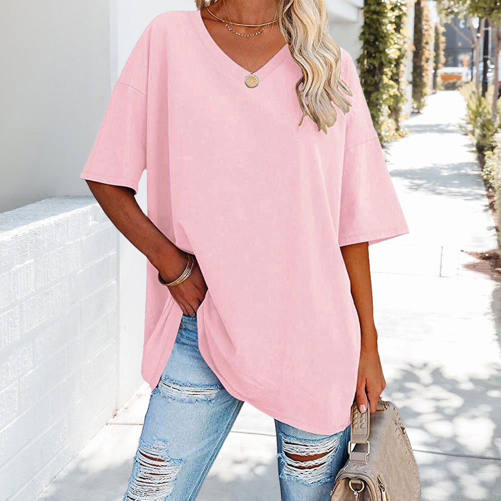 Damen T-Shirt Einfarbig V-Ausschnitt Baumwolle
