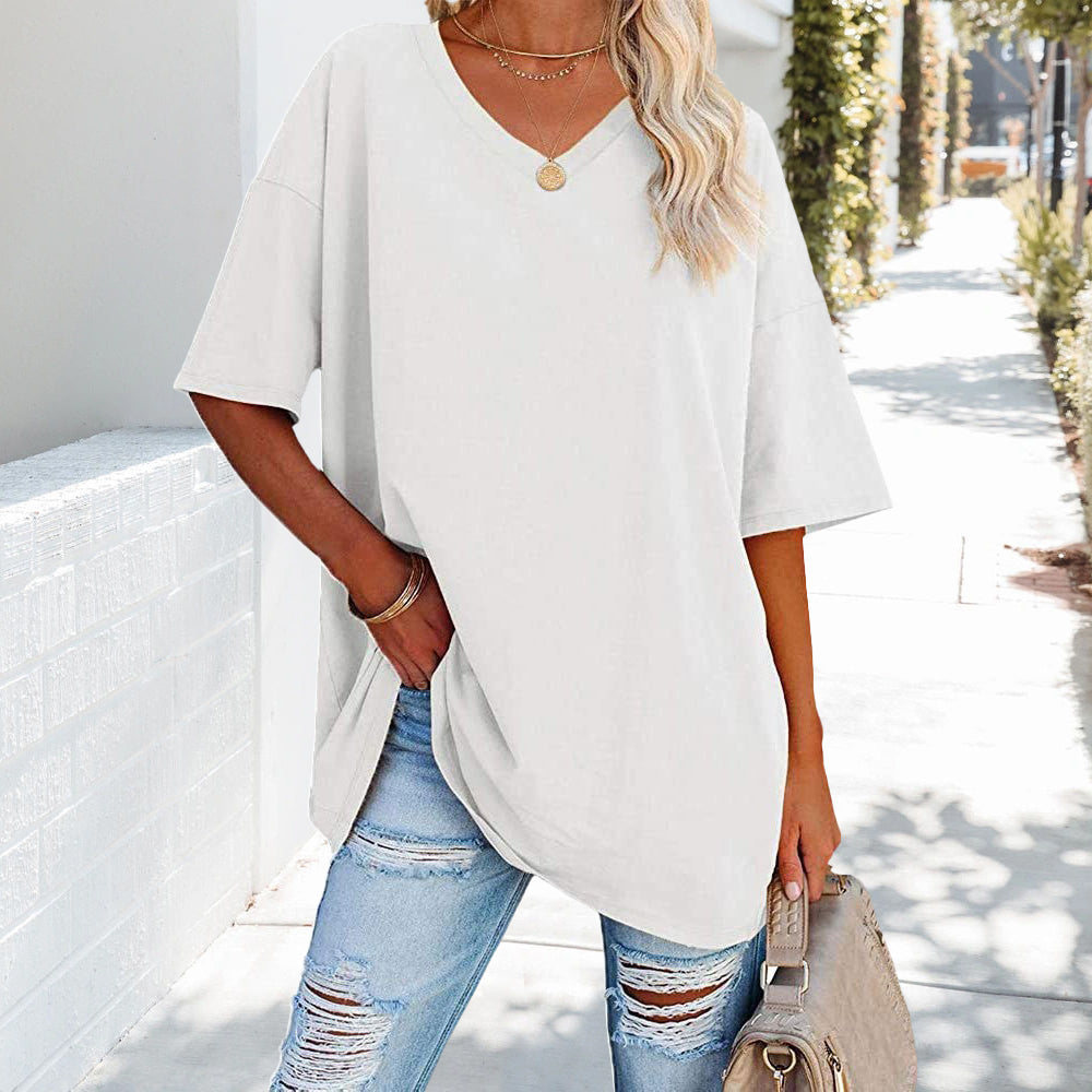 Damen T-Shirt Einfarbig V-Ausschnitt Baumwolle
