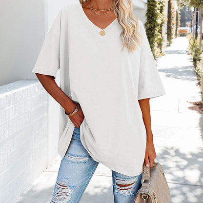 Damen T-Shirt Einfarbig V-Ausschnitt Baumwolle