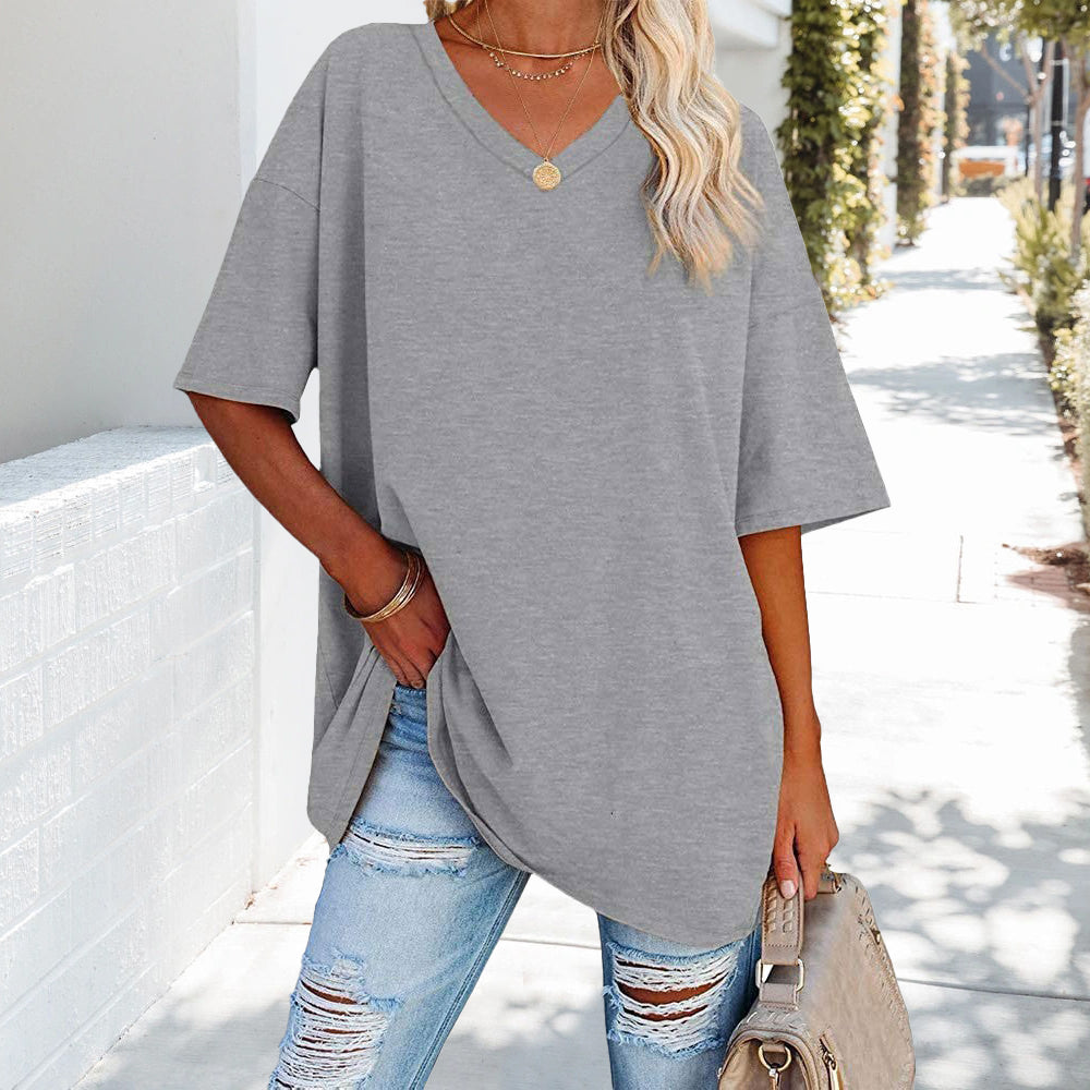 Damen T-Shirt Einfarbig V-Ausschnitt Baumwolle
