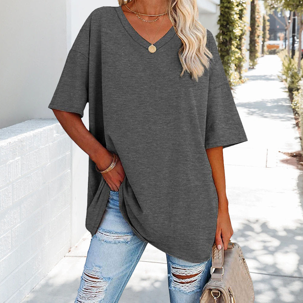 Damen T-Shirt Einfarbig V-Ausschnitt Baumwolle