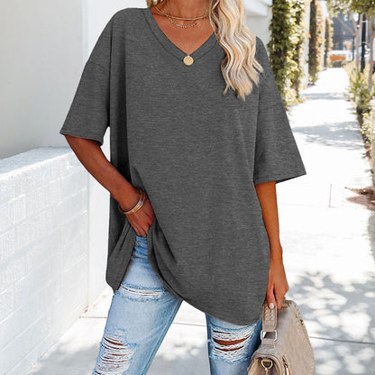 Damen T-Shirt Einfarbig V-Ausschnitt Baumwolle