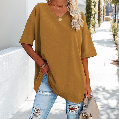 Damen T-Shirt Einfarbig V-Ausschnitt Baumwolle
