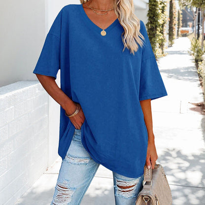 Damen T-Shirt Einfarbig V-Ausschnitt Baumwolle