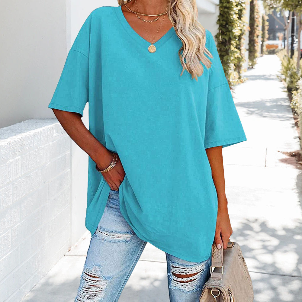 Damen T-Shirt Einfarbig V-Ausschnitt Baumwolle