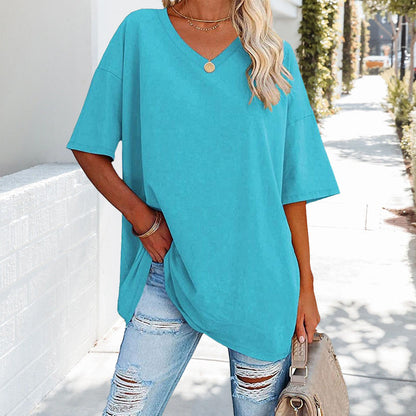 Damen T-Shirt Einfarbig V-Ausschnitt Baumwolle