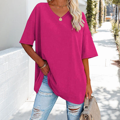 Damen T-Shirt Einfarbig V-Ausschnitt Baumwolle