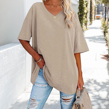 Damen T-Shirt Einfarbig V-Ausschnitt Baumwolle