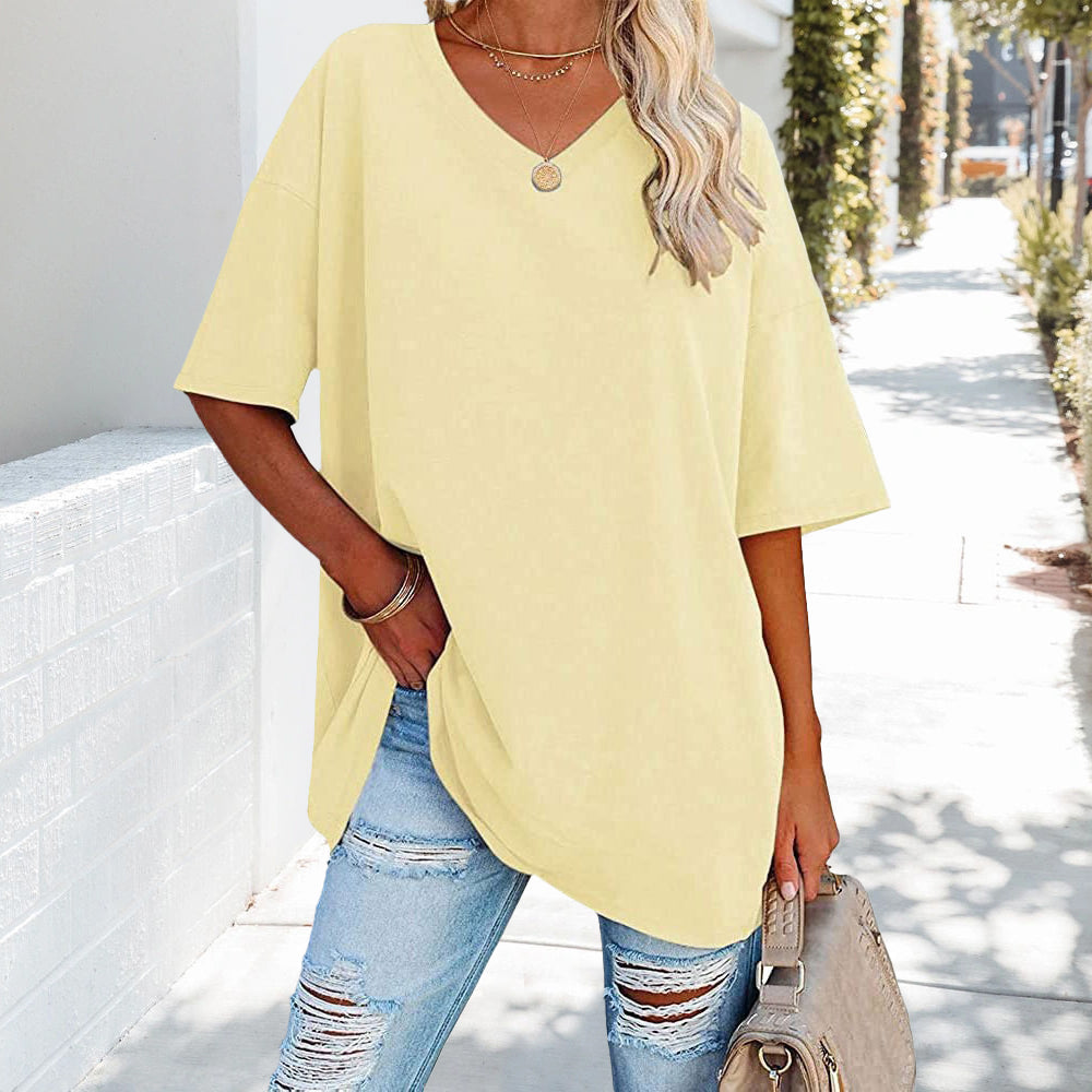 Damen T-Shirt Einfarbig V-Ausschnitt Baumwolle