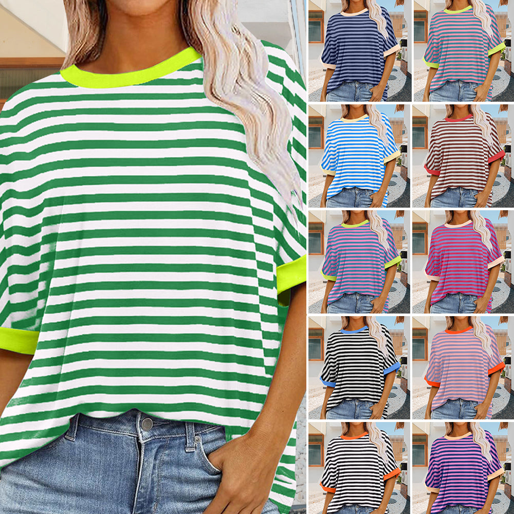 Damen Sommer Top Rundhals Gestreift Kurzärmlig - BerlinGlamour