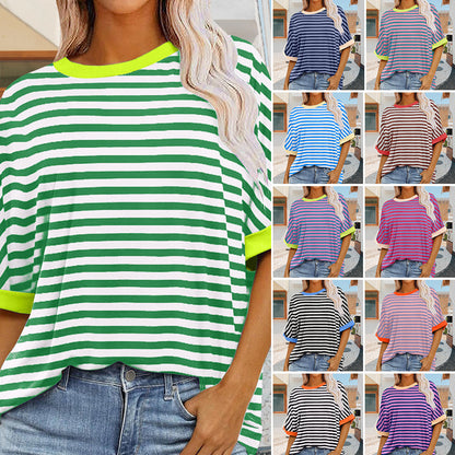 Damen Sommer Top Rundhals Gestreift Kurzärmlig - BerlinGlamour
