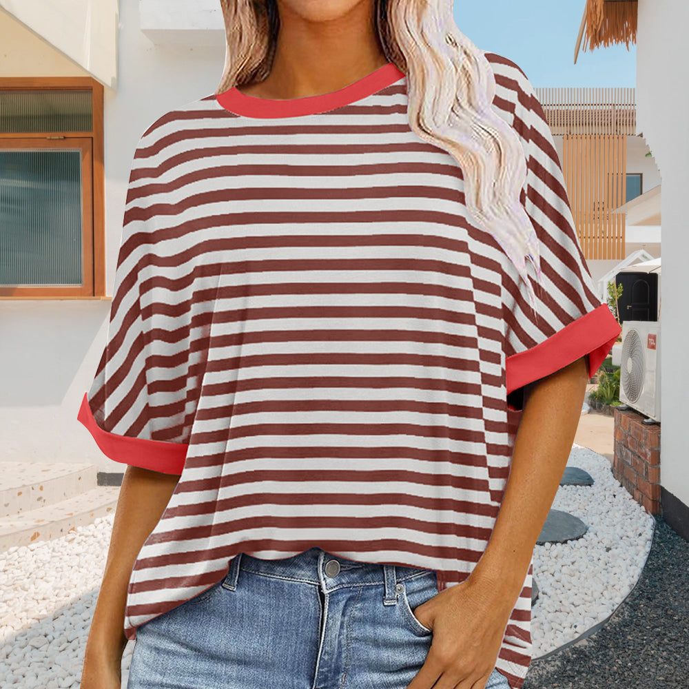 Damen Sommer Top Rundhals Gestreift Kurzärmlig