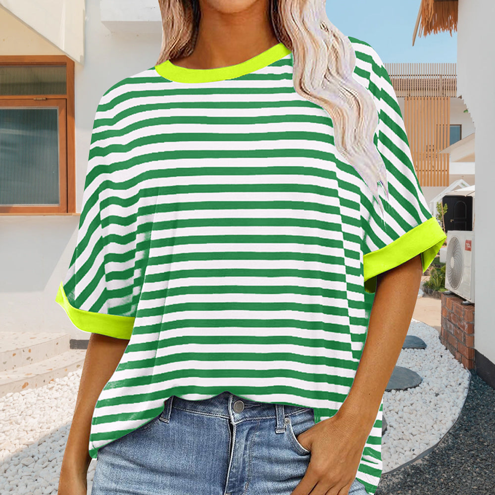 Damen Sommer Top Rundhals Gestreift Kurzärmlig