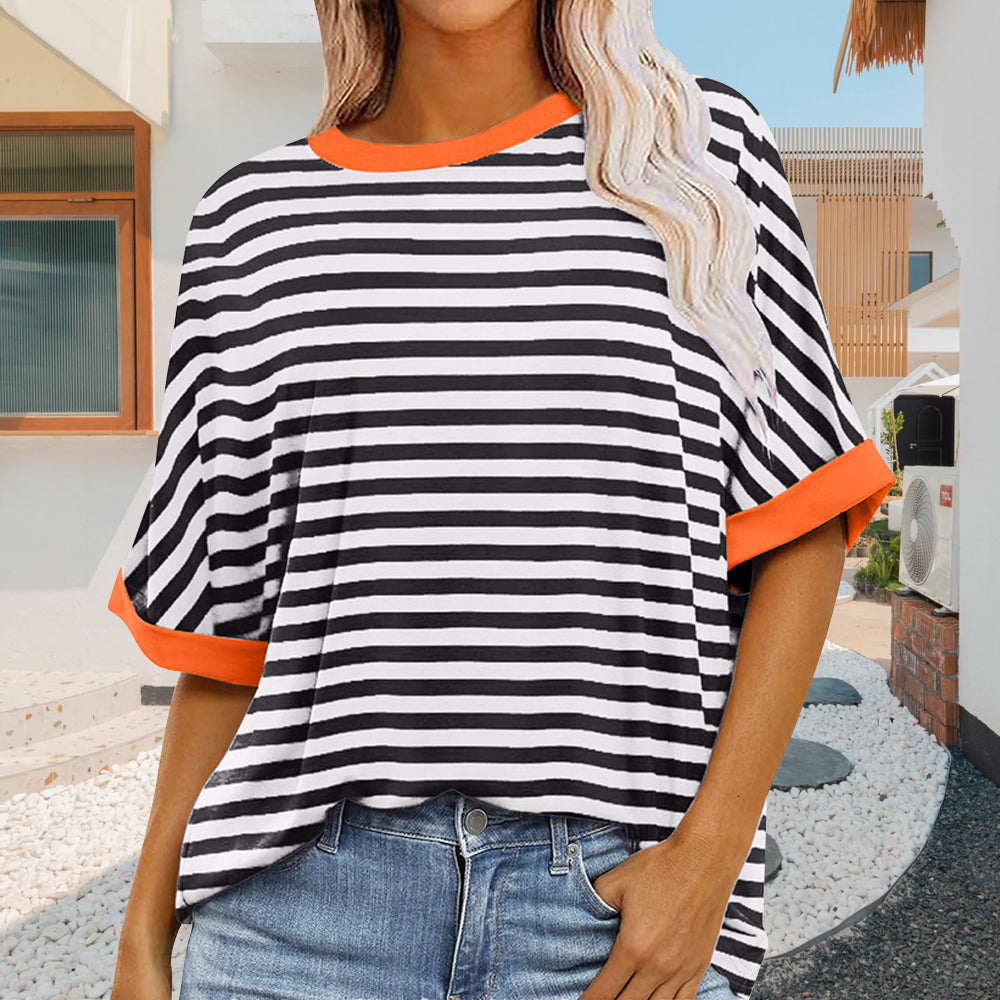 Damen Sommer Top Rundhals Gestreift Kurzärmlig