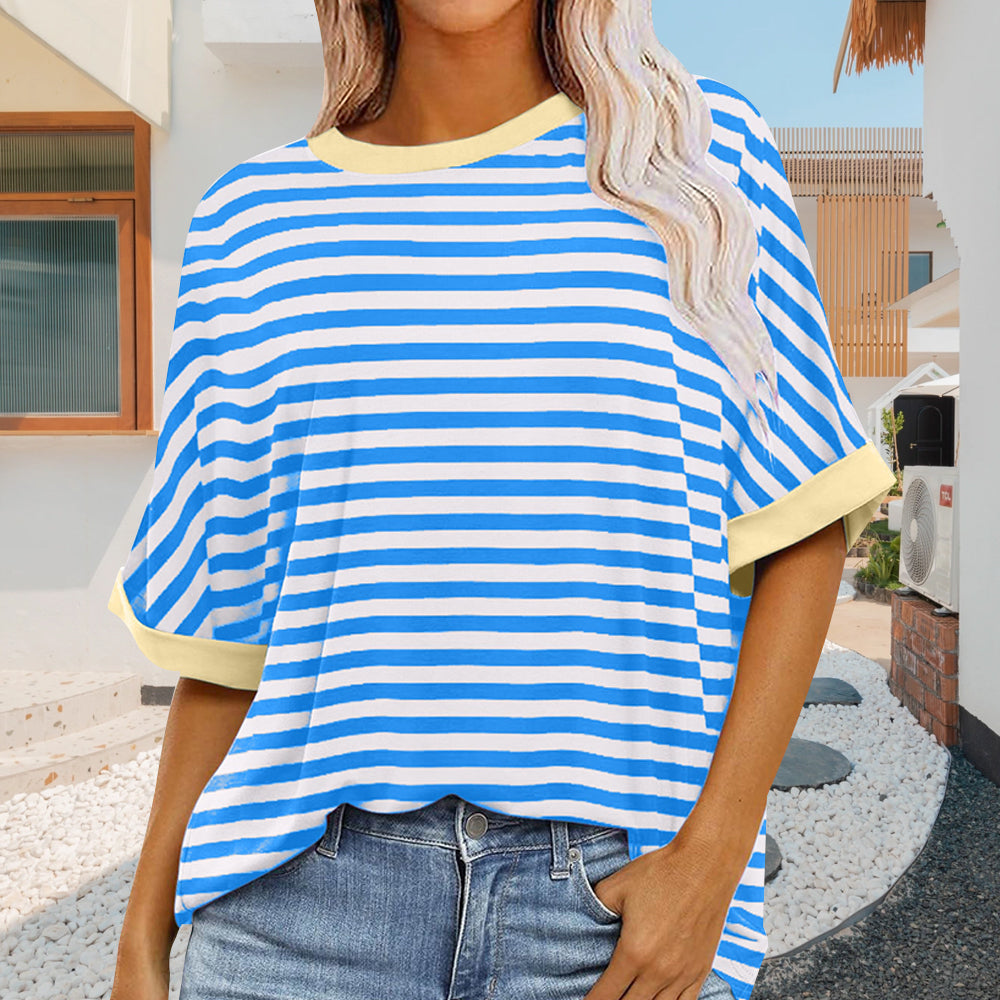 Damen Sommer Top Rundhals Gestreift Kurzärmlig