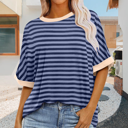 Damen Sommer Top Rundhals Gestreift Kurzärmlig