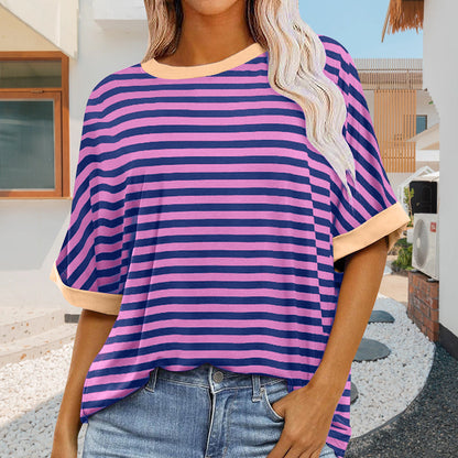 Damen Sommer Top Rundhals Gestreift Kurzärmlig