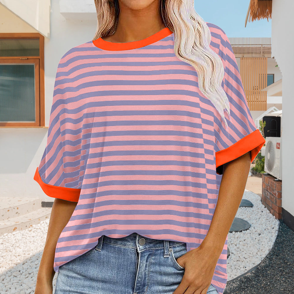Damen Sommer Top Rundhals Gestreift Kurzärmlig