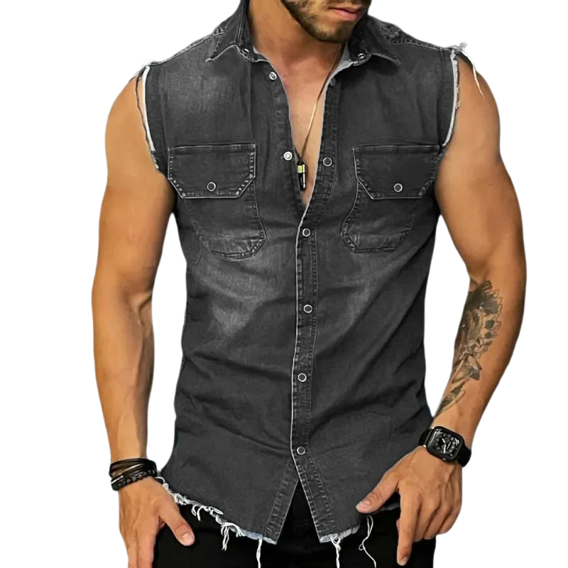 Herren Hemd Slim Fit Ärmellos Jeans Blau - BerlinGlamour