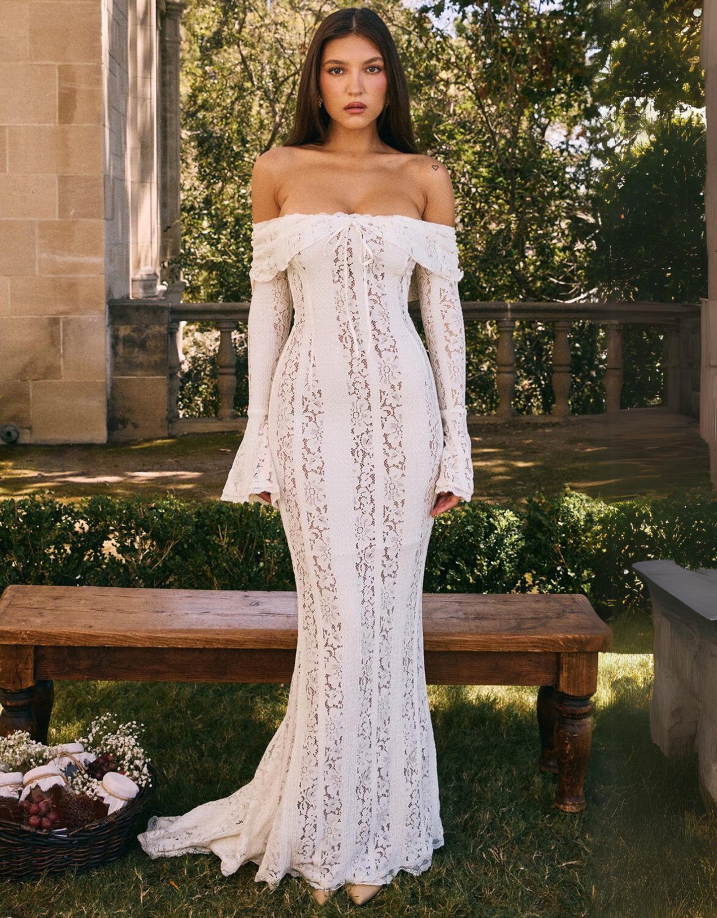 Abendkleid Damen Langärmlig Carmen Ausschnitt Elegant