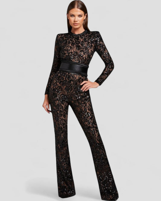 Ausgestellter Jumpsuit aus Paillettenspitze mit figurbetontem Taillendetail 0