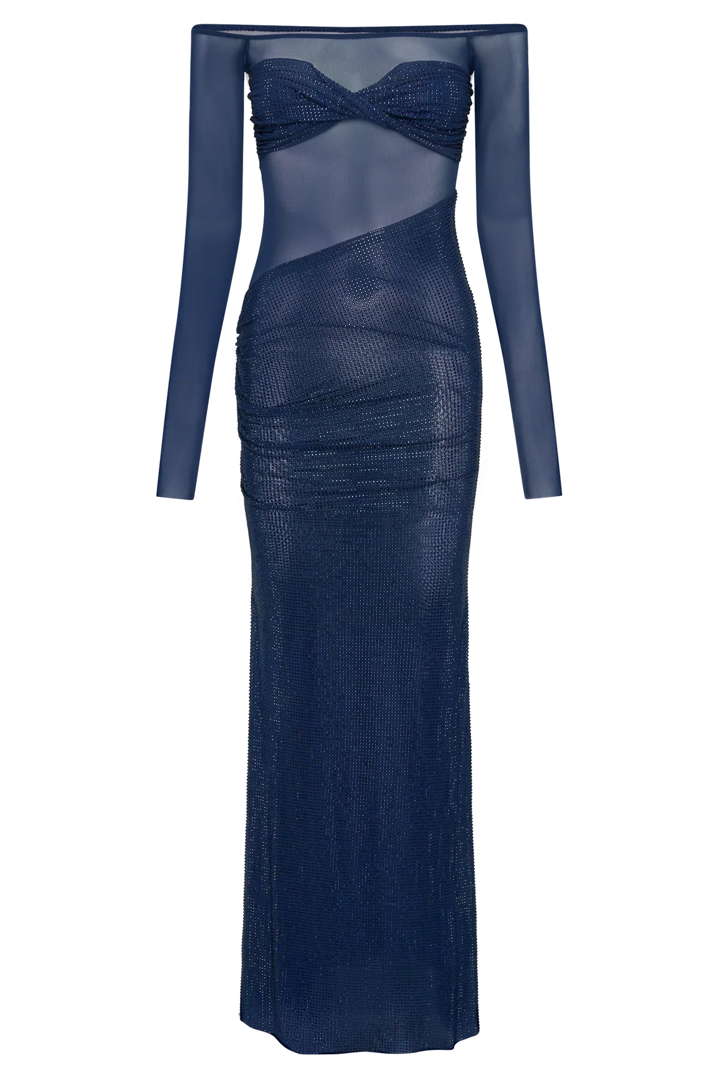 Off-Shoulder Maxikleid mit Glitzersteinen und Mesh-Stoff
