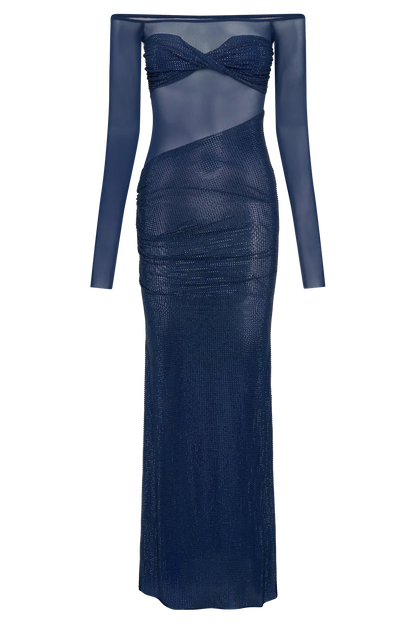 Off-Shoulder Maxikleid mit Glitzersteinen und Mesh-Stoff