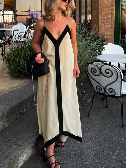 Langes V-Ausschnitt Maxi-Kleid mit Kontrastdetails Modern