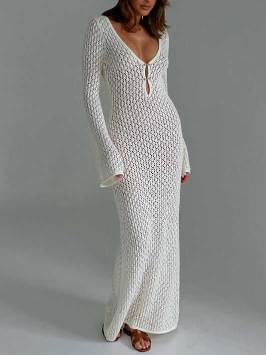 Boho Maxikleid V-Ausschnitt Gehäkelt Sommerkleid Lang - BerlinGlamour