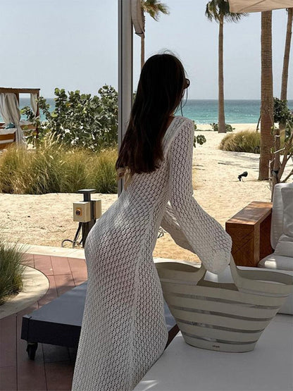 Boho Maxikleid V-Ausschnitt Gehäkelt Sommerkleid Lang