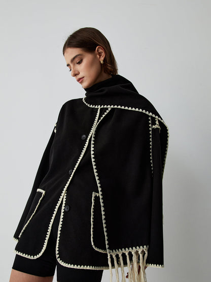 Damen Cape-Mantel mit Schal und Fransen Elegant Lang - BerlinGlamour
