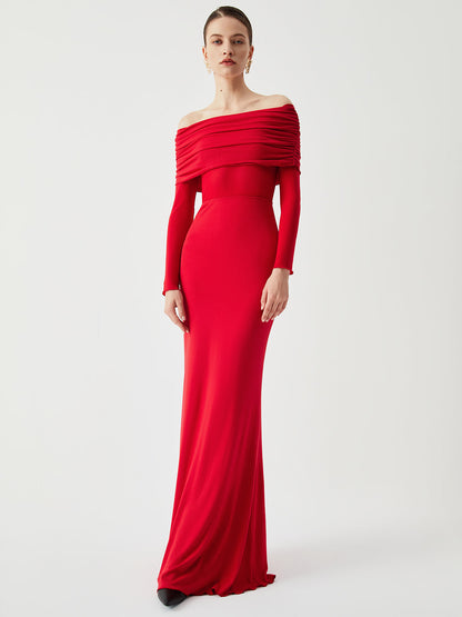 BerlinGlamour Damen Langarm-Maxikleid mit Off-Shoulder-Ausschnitt und Mesh-Einsatz