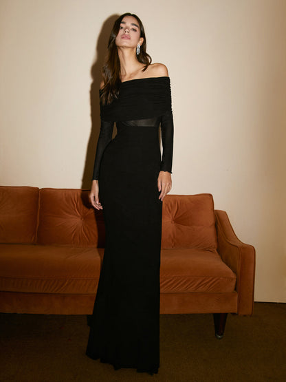 BerlinGlamour Damen Langarm-Maxikleid mit Off-Shoulder-Ausschnitt und Mesh-Einsatz