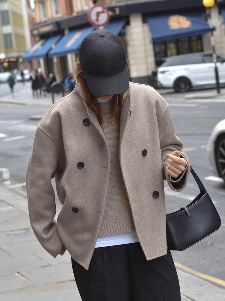 Damenjacke Beige Kurz Stehkragen Wolljacke Damen