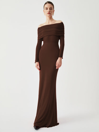 BerlinGlamour Damen Langarm-Maxikleid mit Off-Shoulder-Ausschnitt und Mesh-Einsatz