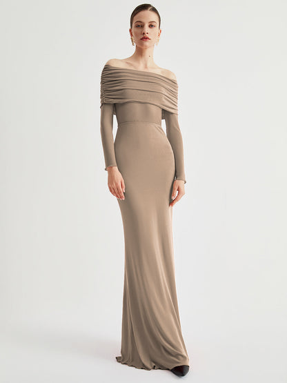 BerlinGlamour Damen Langarm-Maxikleid mit Off-Shoulder-Ausschnitt und Mesh-Einsatz