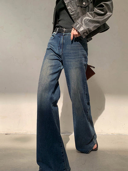 Damen Schlagjeans Weit Bequem Hochtailliert