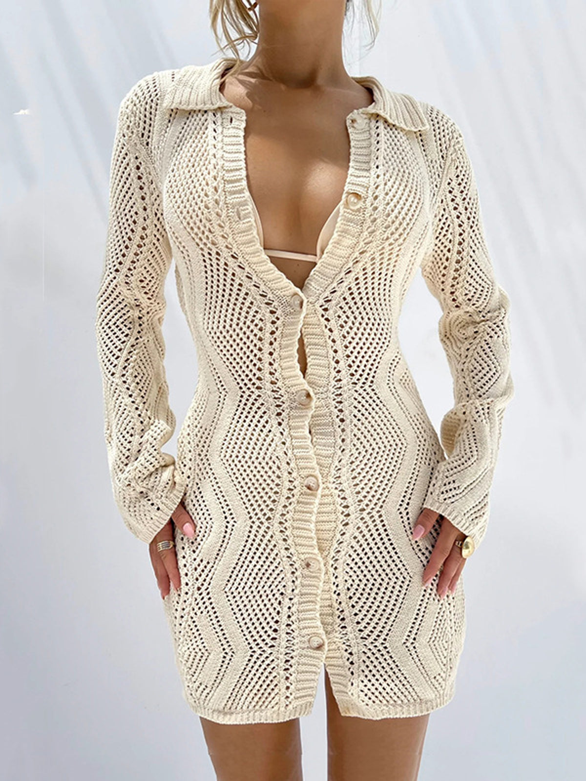 Häkelkleid Strandkleid Crème Farbe Mit Knöpfen
