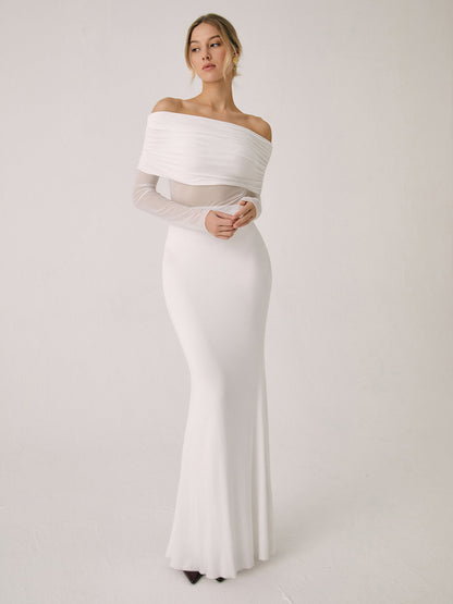 BerlinGlamour Damen Langarm-Maxikleid mit Off-Shoulder-Ausschnitt und Mesh-Einsatz