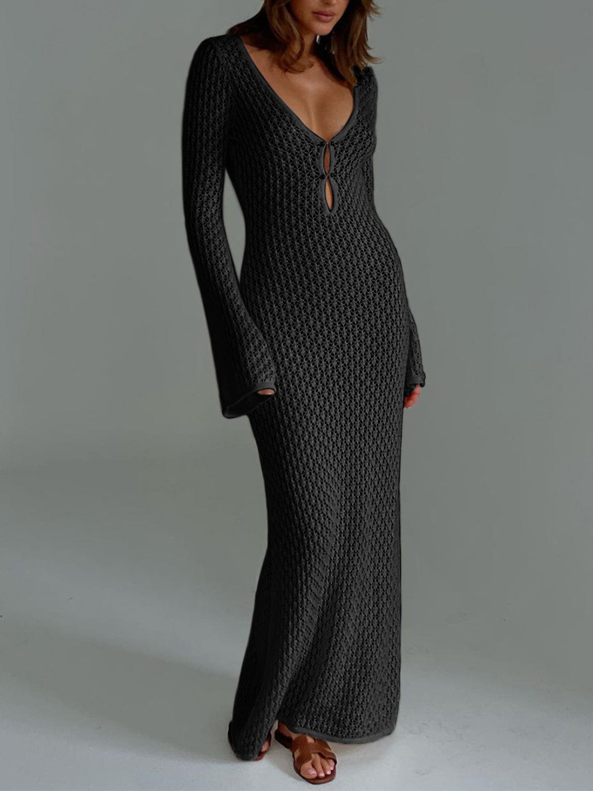 Boho Maxikleid V-Ausschnitt Gehäkelt Sommerkleid Lang