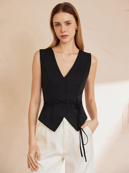 Ärmelloses Damen Top Taillenbindung Schwarz