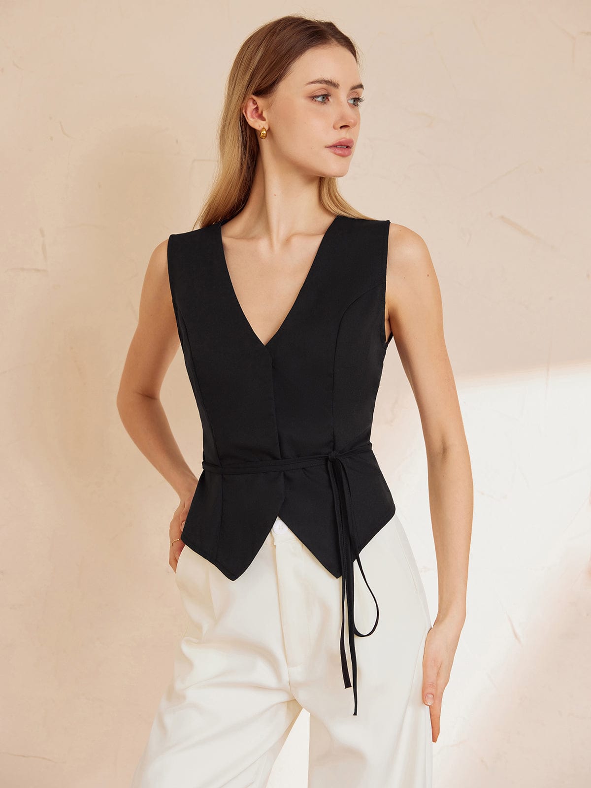 Ärmelloses Damen Top Taillenbindung Schwarz